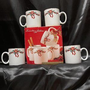 BEAUTIFUL SET OF FOUR 12 OZ MUGS / CUPS POINSETTIA & RIBBONS PORCELAIN HOLIDAY